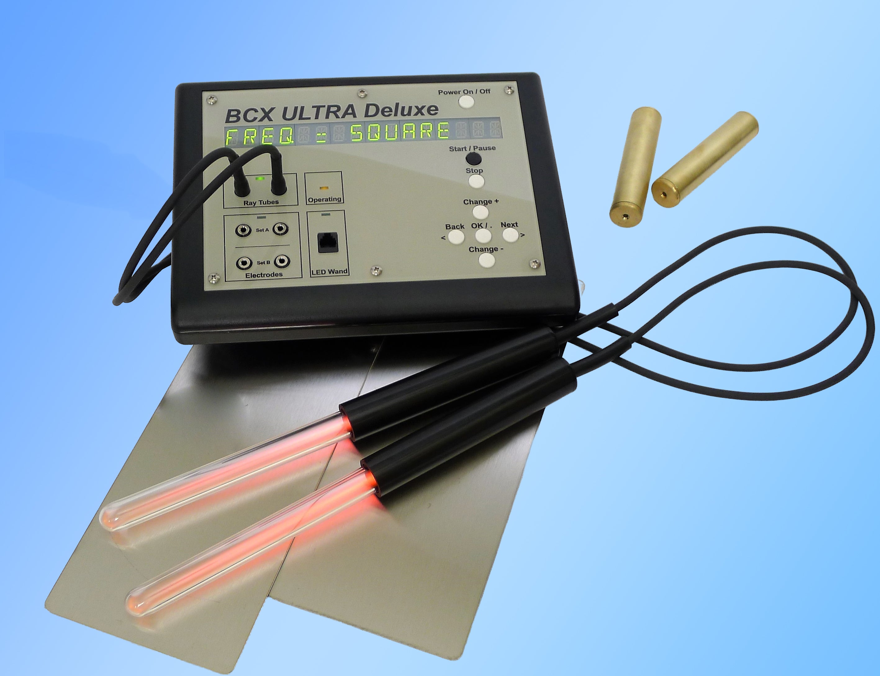 BCX Ultra Deluxe with ray tubes - plasma wands and metal foot electrodes and brass cylinder electrodes.