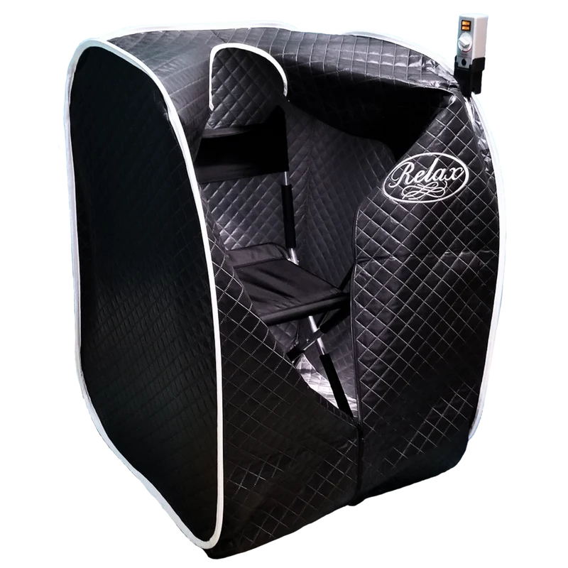 A black portable infrared sauna tent with a quilted diamond pattern, featuring a white 'Relax' logo on the side, a white piping border, and an external power control unit attached to the top right.
