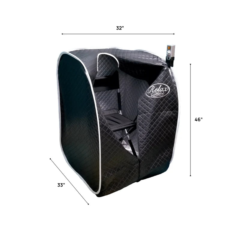 A black portable steam room tent with white piping and a small control panel, shown with dimension lines indicating 32 inches wide, 46 inches tall, and 33 inches deep on a white background.